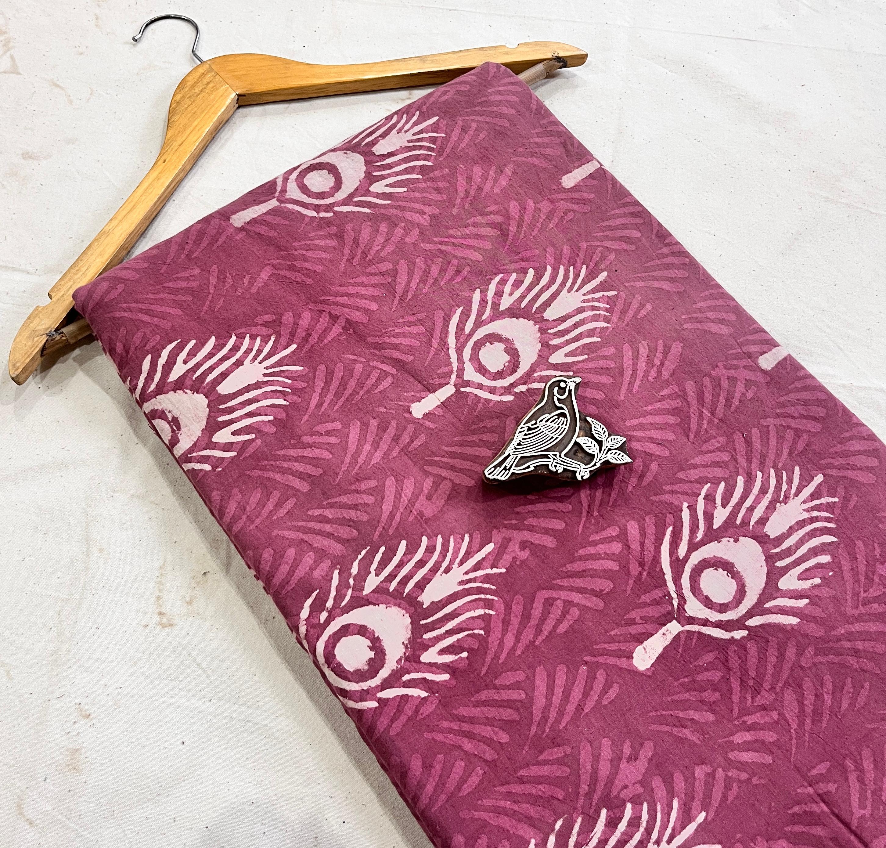 Maroon feather Dabu handblock printed pure cotton fabric, artisan-made mud resist wholesale fabric